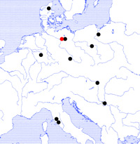 Verbreitung der Bronzeblechamphoren vom Seddiner Typ (rot: Seddin), Quelle: Henrik Thrane: Hoards of the Danish Bronze Age (Mont. IV). Bonn 1965
